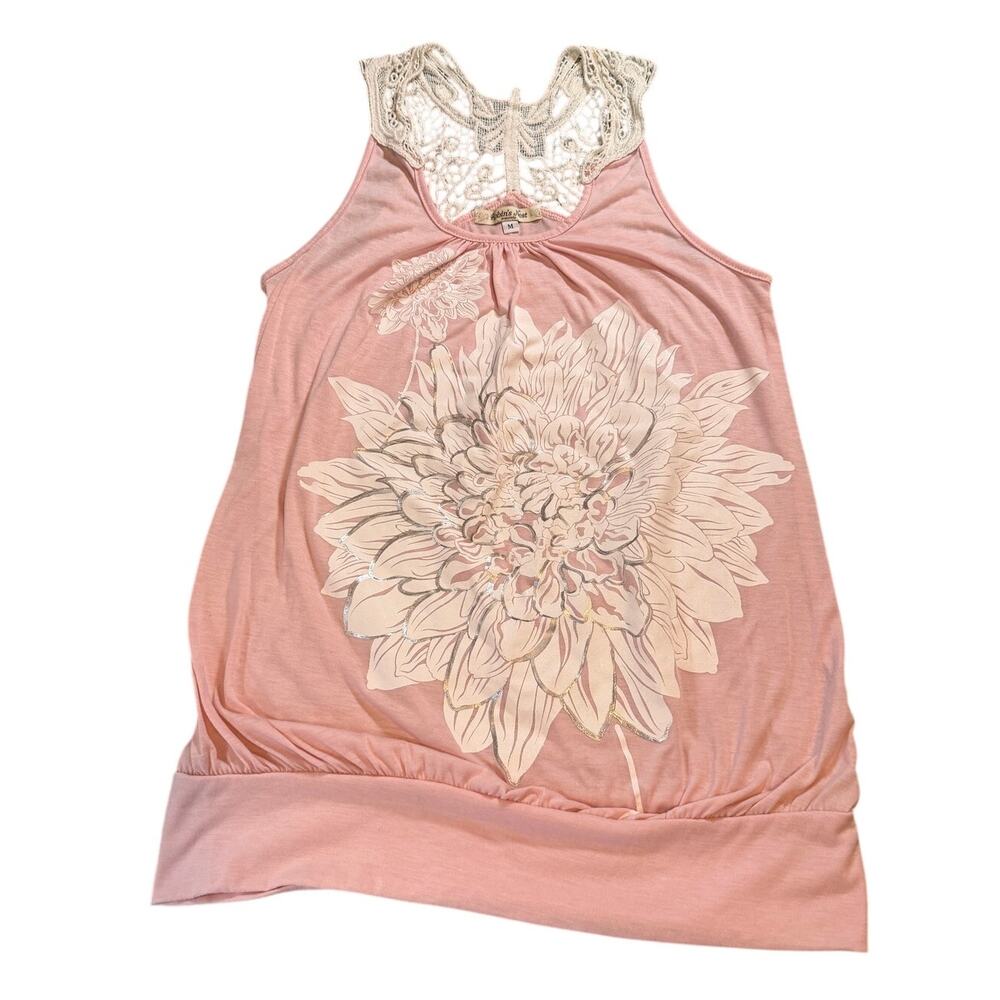 Robin’s Nest Maternity M Pink Floral Tank Top Crochet Butterfly Back Boho